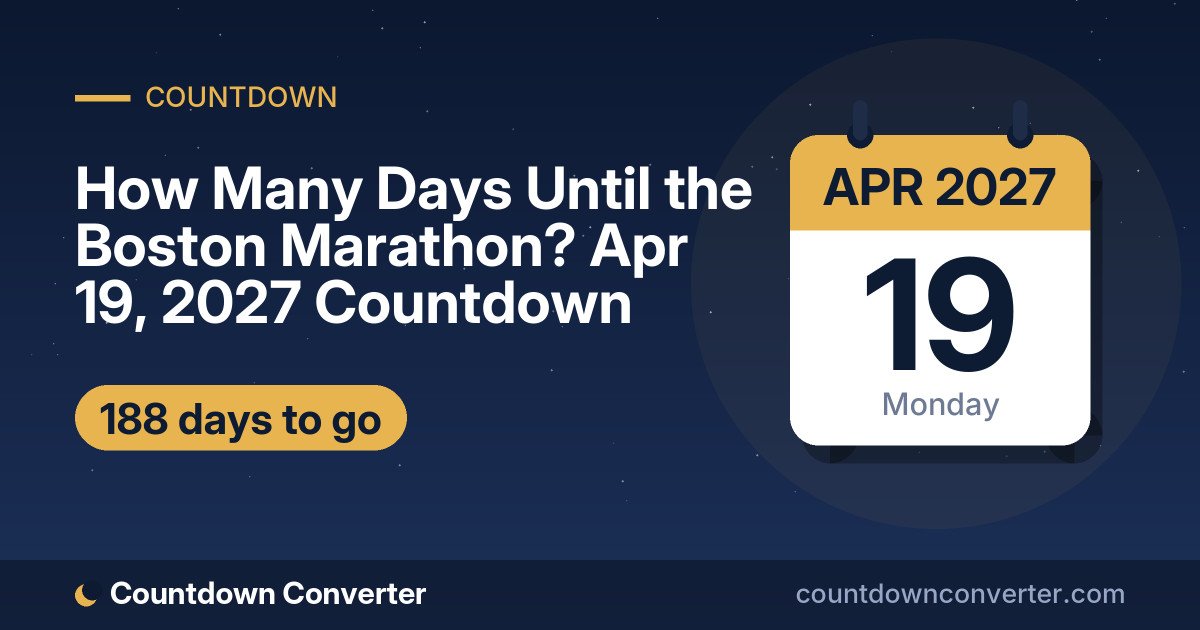How Many Days Until the Boston Marathon? Apr 19, 2027 Countdown: 188 days until the Boston Marathon, on Monday, April 19, 2027