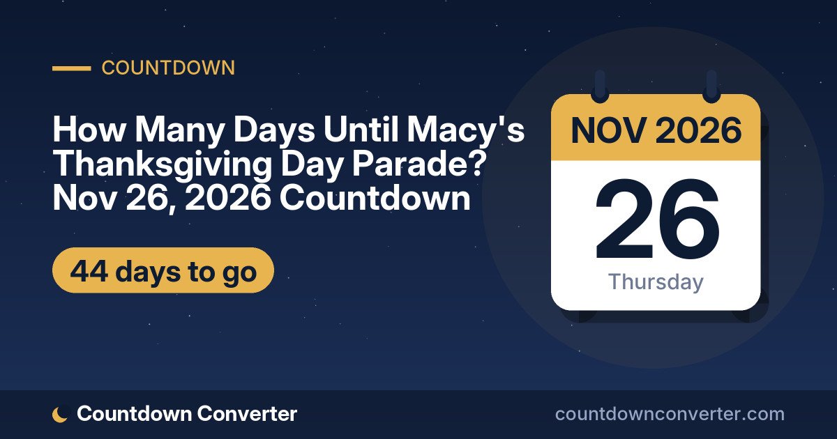 How Many Days Until Macy's Thanksgiving Day Parade? Nov 26, 2026 Countdown: 44 days until Macy's Thanksgiving Day Parade, on Thursday, November 26, 2026