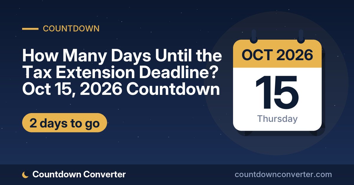 How Many Days Until the Tax Extension Deadline? Oct 15, 2026 Countdown: 2 days until the Tax Extension Deadline, on Thursday, October 15, 2026