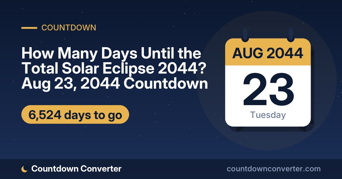 How Many Days Until the Total Solar Eclipse 2044? Aug 23, 2044 Countdown: 6,524 days until the Total Solar Eclipse 2044, on Tuesday, August 23, 2044