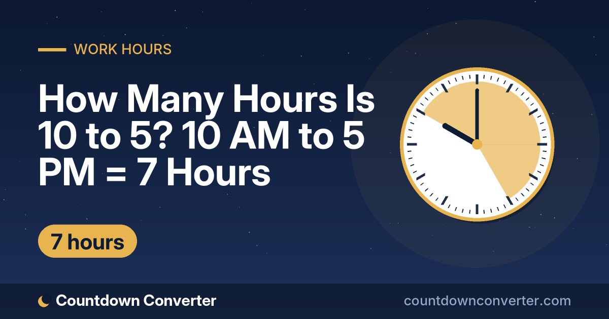 How Many Hours Is 10 to 5? 10 AM to 5 PM = 7 Hours: 10 AM to 5 PM is 7 hours (7 hours)
