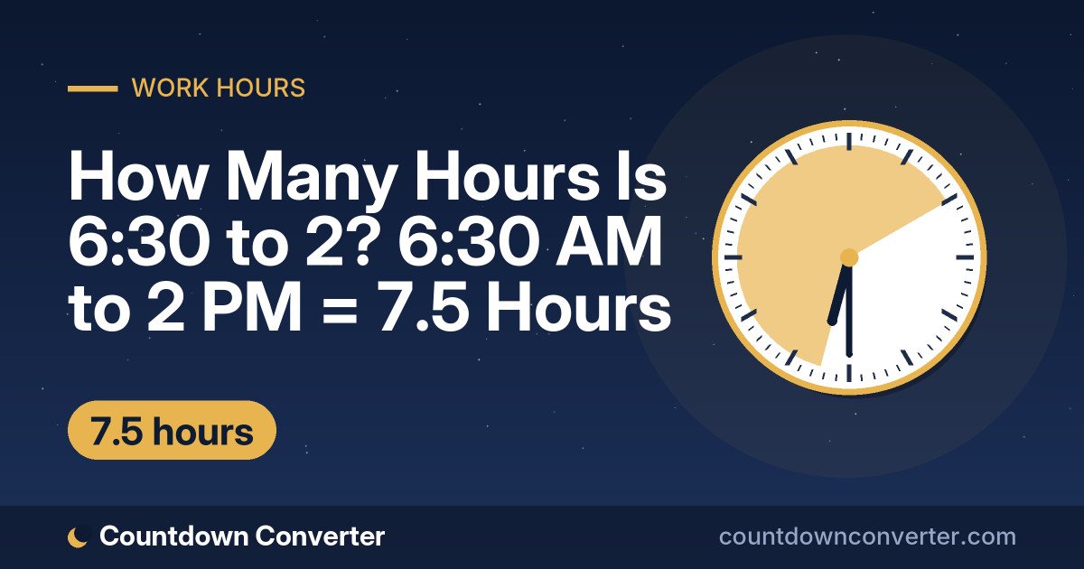 How Many Hours Is 6:30 to 2? 6:30 AM to 2 PM = 7.5 Hours: 6:30 AM to 2 PM is 7 hours 30 minutes (7.5 hours)