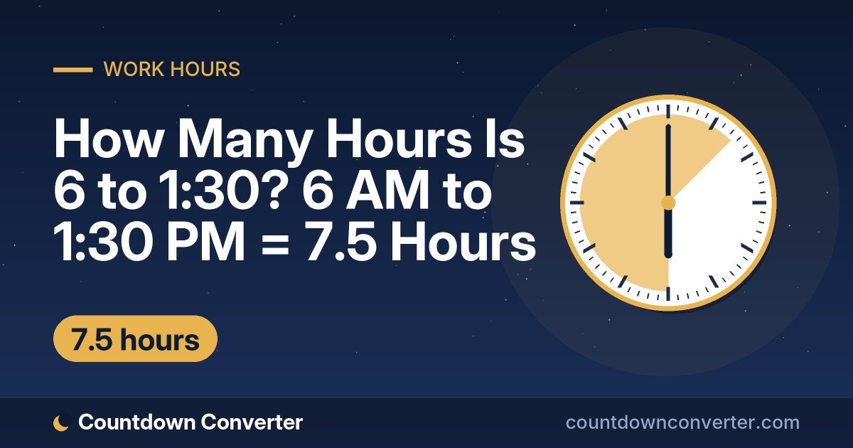 How Many Hours Is 6 to 1:30? 6 AM to 1:30 PM = 7.5 Hours: 6 AM to 1:30 PM is 7 hours 30 minutes (7.5 hours)