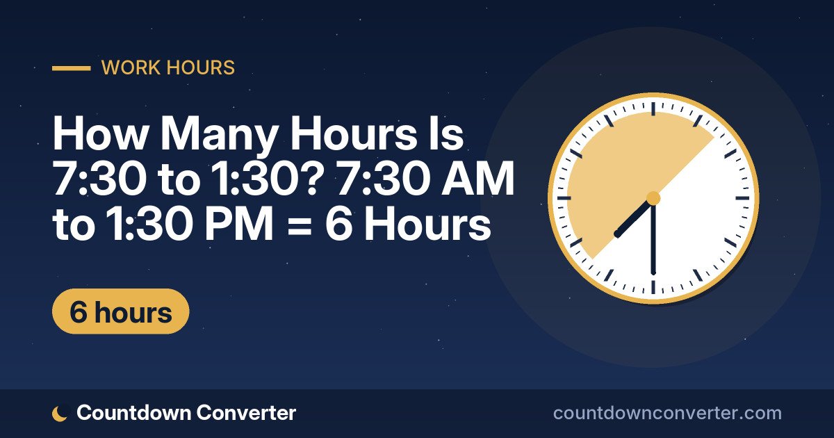 How Many Hours Is 7:30 to 1:30? 7:30 AM to 1:30 PM = 6 Hours: 7:30 AM to 1:30 PM is 6 hours (6 hours)