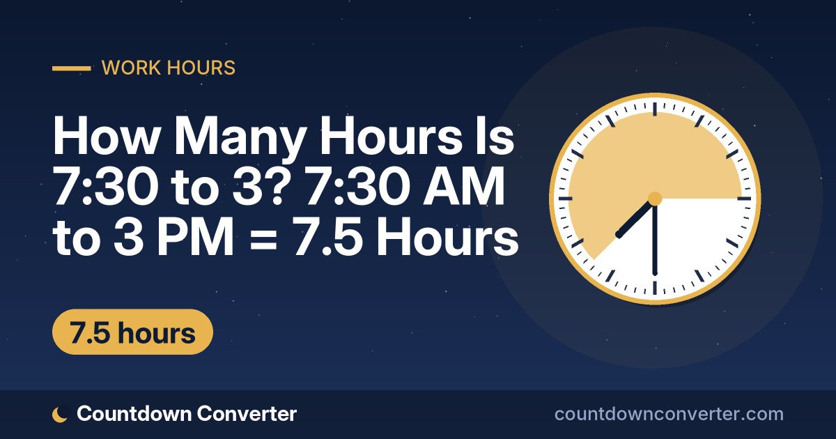 How Many Hours Is 7:30 to 3? 7:30 AM to 3 PM = 7.5 Hours: 7:30 AM to 3 PM is 7 hours 30 minutes (7.5 hours)