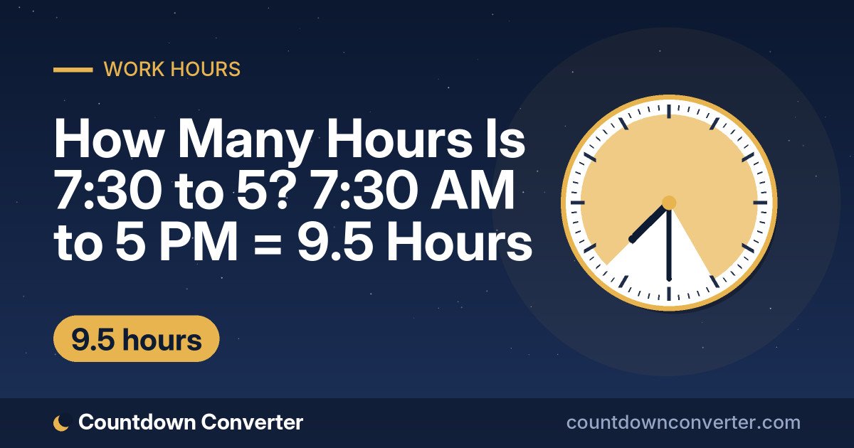 How Many Hours Is 7:30 to 5? 7:30 AM to 5 PM = 9.5 Hours: 7:30 AM to 5 PM is 9 hours 30 minutes (9.5 hours)