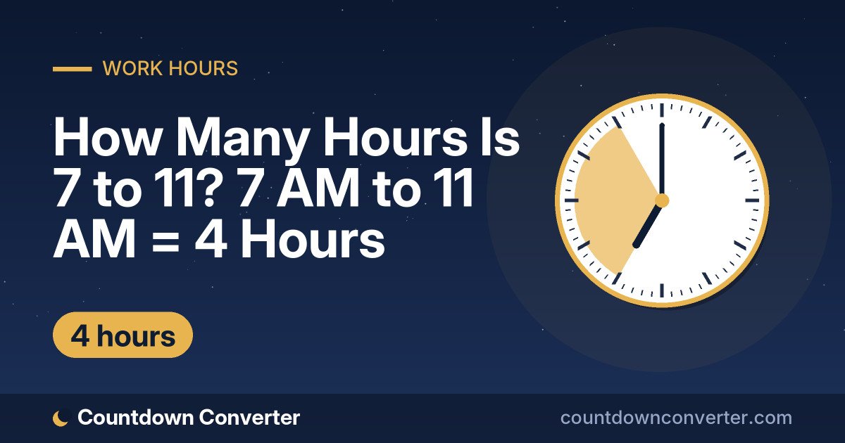 How Many Hours Is 7 to 11? 7 AM to 11 AM = 4 Hours: 7 AM to 11 AM is 4 hours (4 hours)