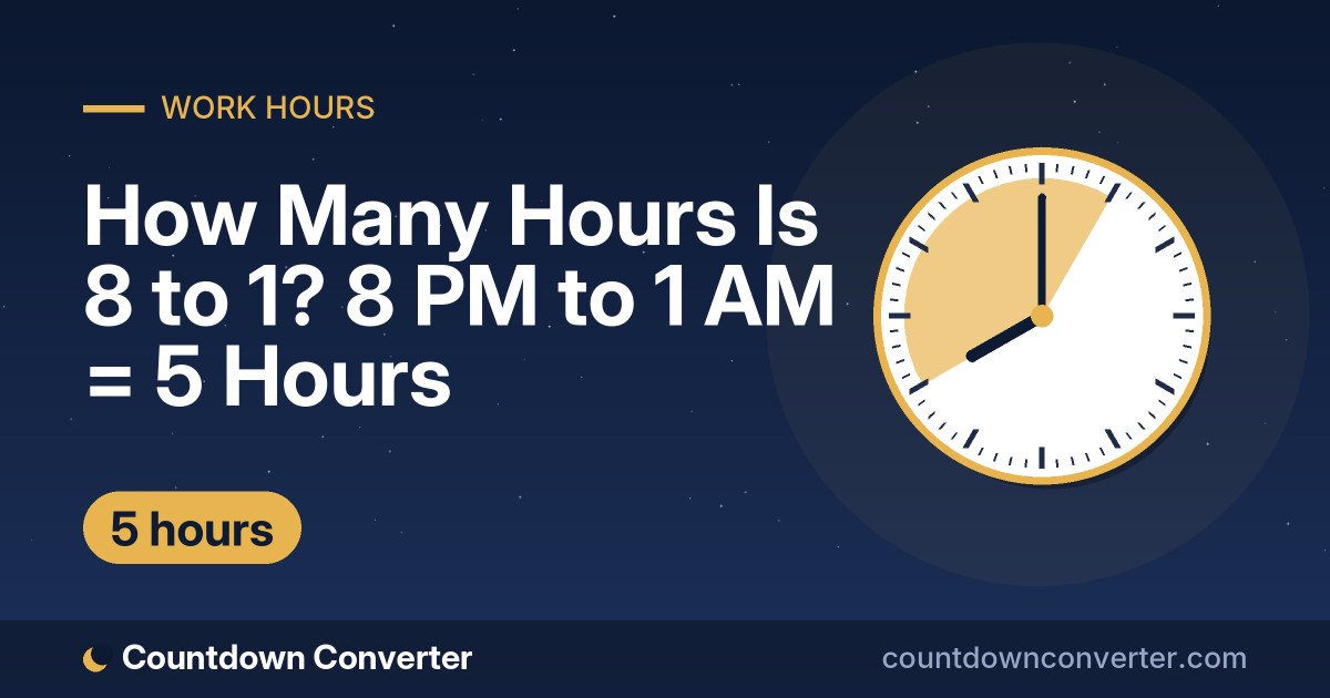 How Many Hours Is 8 to 1? 8 PM to 1 AM = 5 Hours: 8 PM to 1 AM is 5 hours (5 hours)