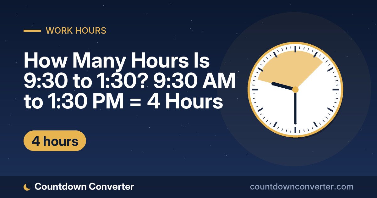 How Many Hours Is 9:30 to 1:30? 9:30 AM to 1:30 PM = 4 Hours: 9:30 AM to 1:30 PM is 4 hours (4 hours)