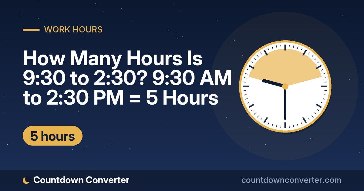 How Many Hours Is 9:30 to 2:30? 9:30 AM to 2:30 PM = 5 Hours: 9:30 AM to 2:30 PM is 5 hours (5 hours)