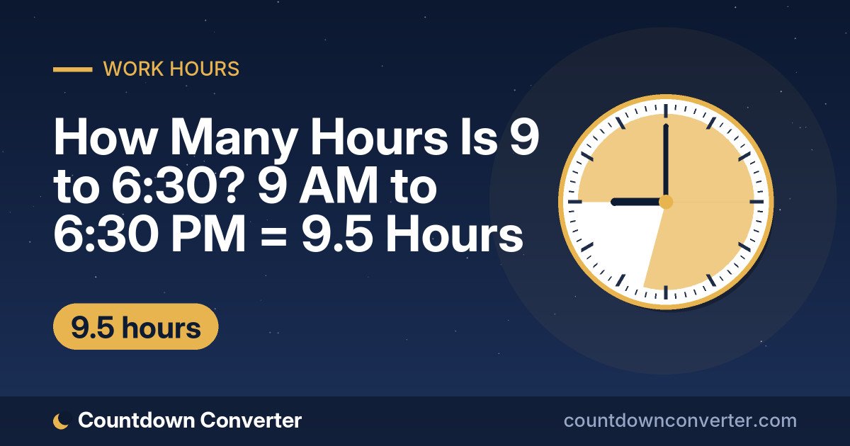 How Many Hours Is 9 to 6:30? 9 AM to 6:30 PM = 9.5 Hours: 9 AM to 6:30 PM is 9 hours 30 minutes (9.5 hours)