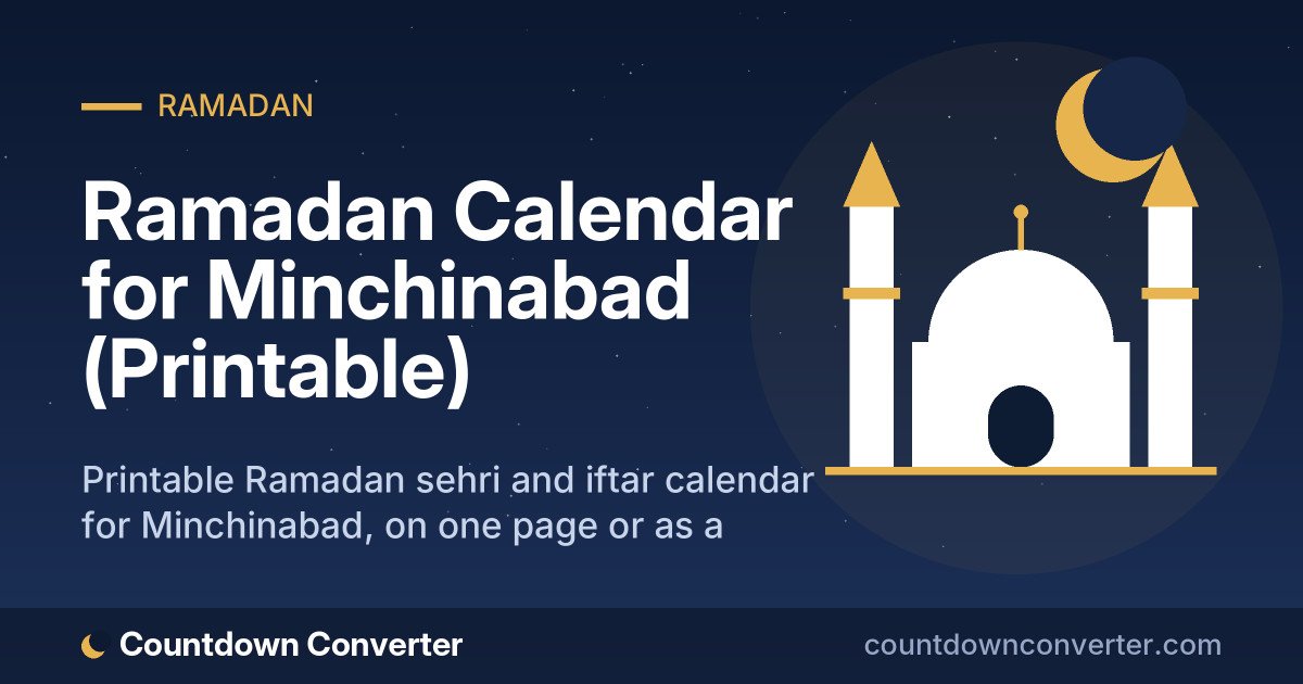 Ramadan Calendar for Minchinabad (Printable): Printable Ramadan sehri and iftar calendar for Minchinabad, on one page or as a phone image