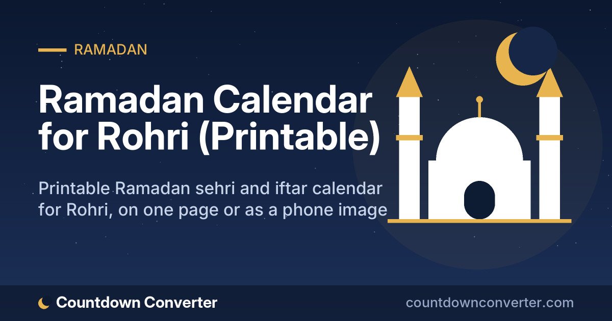 Ramadan Calendar for Rohri (Printable): Printable Ramadan sehri and iftar calendar for Rohri, on one page or as a phone image