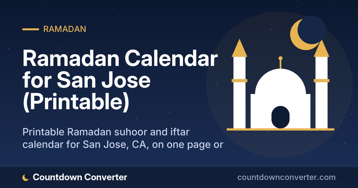 Ramadan Calendar for San Jose (Printable): Printable Ramadan suhoor and iftar calendar for San Jose, CA, on one page or as a phone image